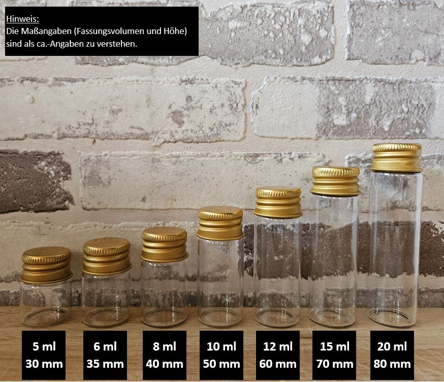 Mini Glasfläschchen mit Alu Schraubverschluss in golden